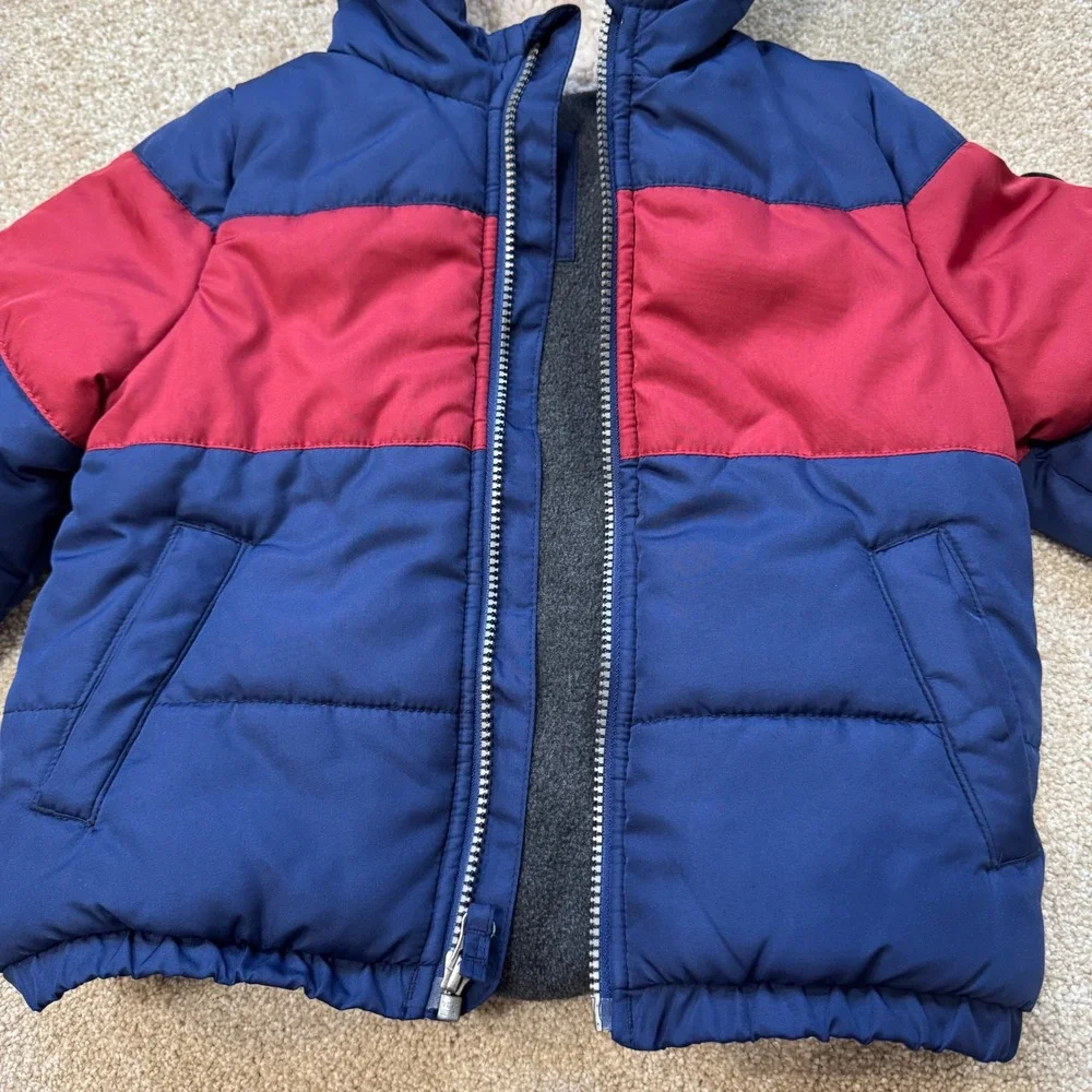 OshKosh Bgosh Kids 3T Puffer Jacket Navy Blue Red Sherpa Hooded Winter Coat